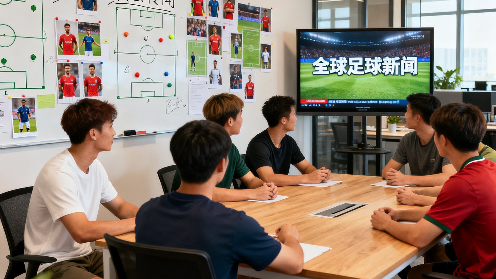 开放式办公室内，一群穿着休闲的年轻人围坐在长桌旁，墙上贴满了足球战术图表和球员照片，白板上用马克笔潦草地写着转会传闻关键词，一台大屏幕实时滚动着全球足球新闻。