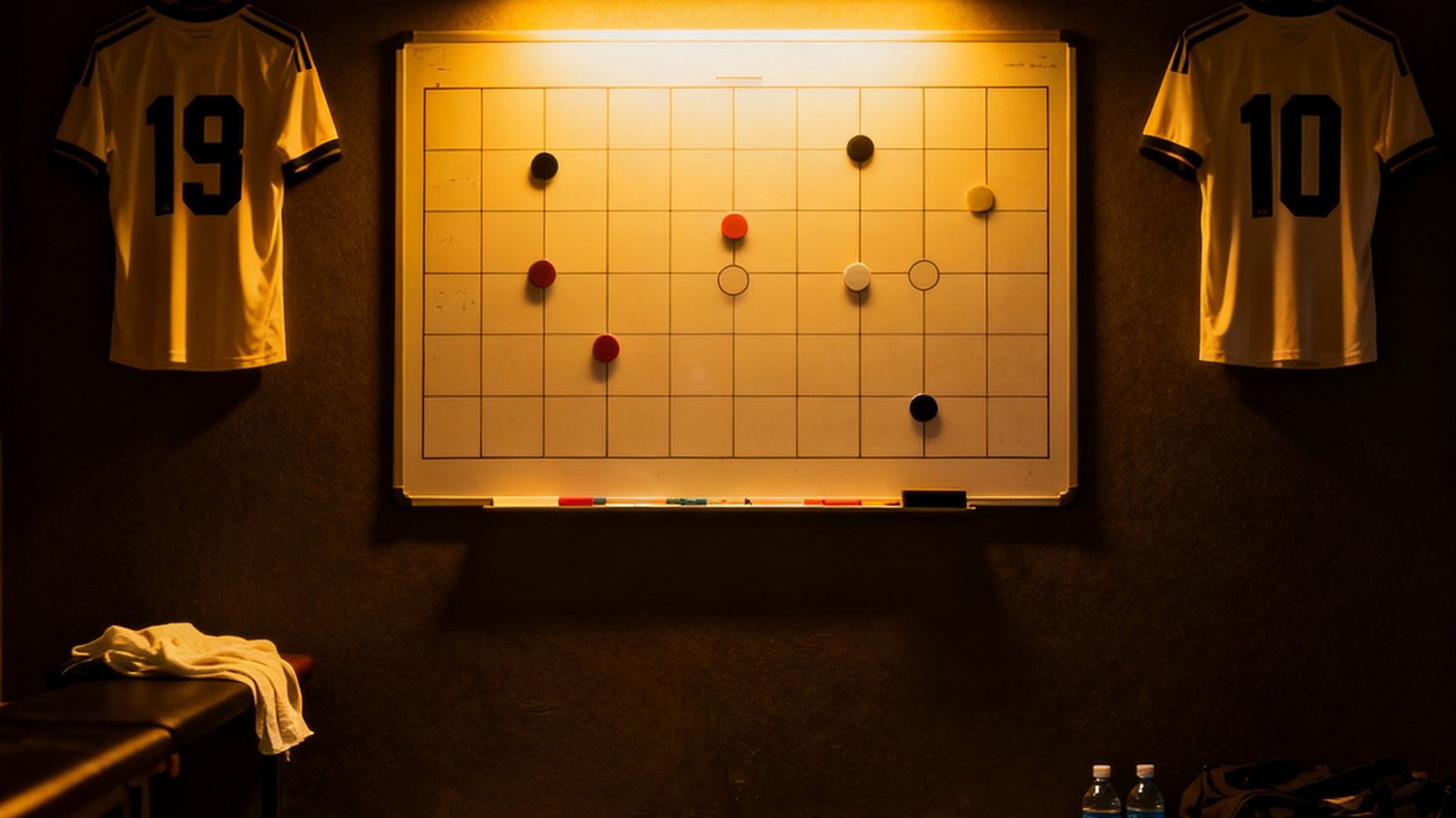 昏暗的足球更衣室内，战术白板被暖黄色灯光照亮，墙上挂着印有号码的球衣，地上散落着绷带和水瓶，氛围紧张而神秘，暗示着即将爆发的球队内部矛盾。